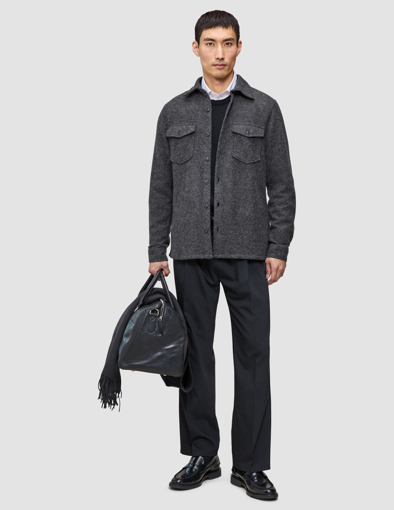 En mand er klædt i et vellykket lag-på-lag-look bestående af en grå uldskjorte over en merino-striktrøje, og han har en lædertaske og et tørklæde med sig.